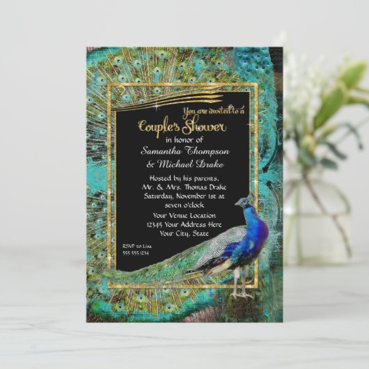 Art Deco Peacock Glam Old Hollywood Couples Dusche Einladung (Stehend Vorderseite)