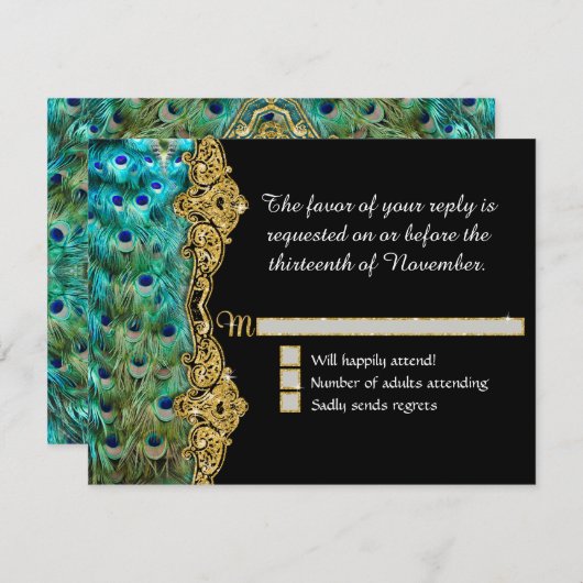 Art Deco Peacock Glam Old Hollywood UAWG Response RSVP Karte (Vorne/Hinten)