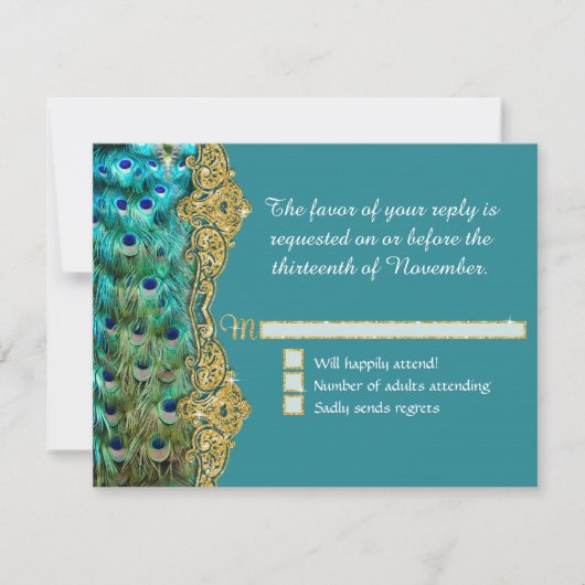 Art Deco Peacock Glam Old Hollywood Wedding RSVP Karte (Vorderseite)