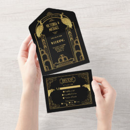 Art Deco Peacock Gold & Black Roaring 20's Party All In One Einladung