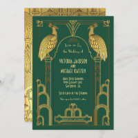 Art Deco Peacock Gold & Black Wedding Einladung