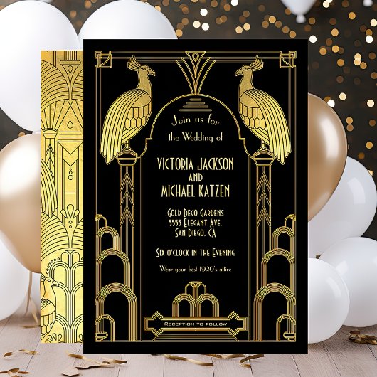 Art Deco Peacock Gold & Black Wedding Einladung