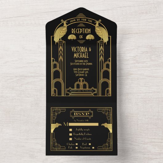 Art Deco Peacock Gold & Black Wedding Empfang All In One Einladung (Innen Boden)