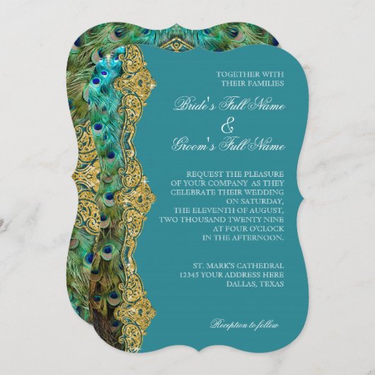 Art Deco Peacock Gold Glitzer Old Hollywood Gatsby Einladung (Vorne/Hinten)