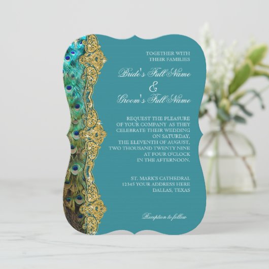 Art Deco Peacock Gold Glitzer Old Hollywood Gatsby Einladung (Stehend Vorderseite)