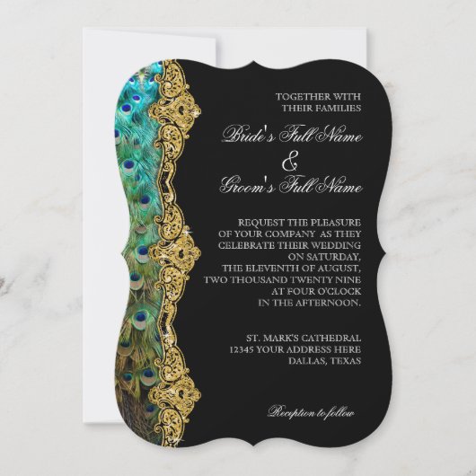 Art Deco Peacock Gold Glitzer Old Hollywood Gatsby Einladung (Vorderseite)