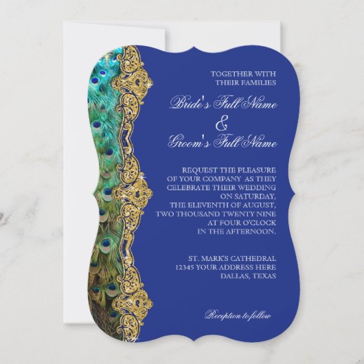 Art Deco Peacock Gold Glitzer Old Hollywood Gatsby Einladung (Vorderseite)