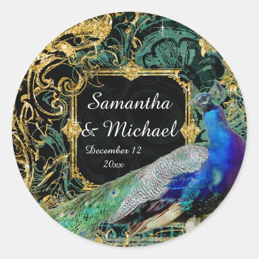 Art Deco Peacock Gold Glitzer Old Hollywood Gatsby Runder Aufkleber (Vorderseite)