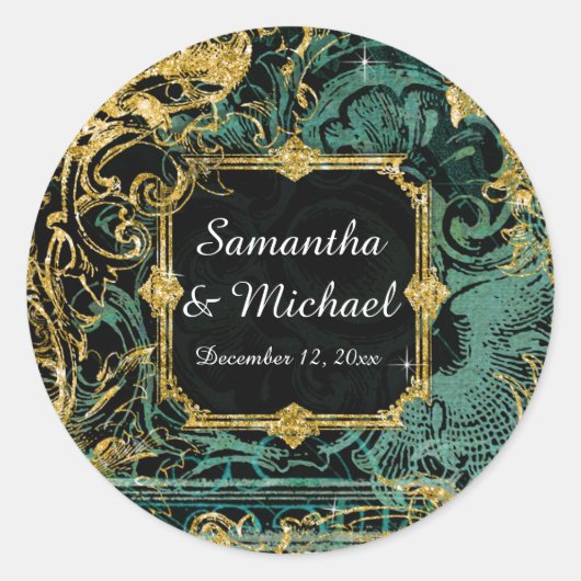 Art Deco Peacock Gold Glitzer Old Hollywood Gatsby Runder Aufkleber (Vorderseite)