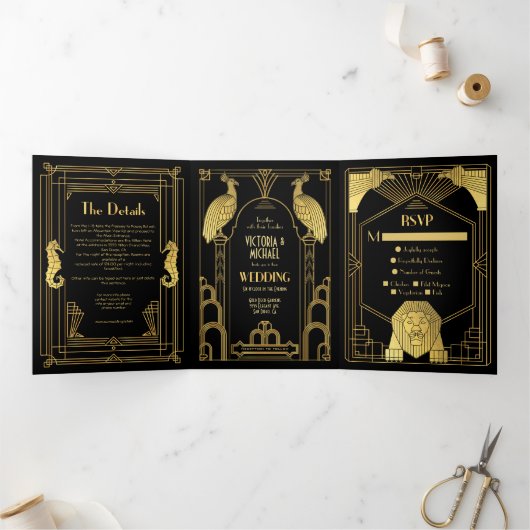 Art Deco Peacock Lion Seepferd Elephant Wedding Dreifach Gefaltete Einladung (Innenseite)