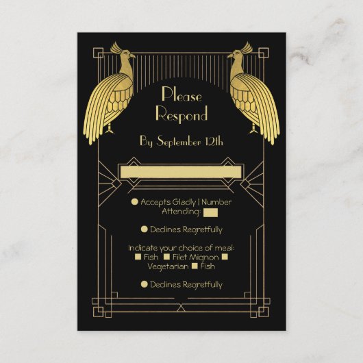 Art Deco Peacock Speak Easy Party Gold & Black Begleitkarte (Vorderseite)