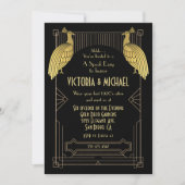 Art Deco Peacock Speak Easy Party Gold & Black Einladung (Vorderseite)