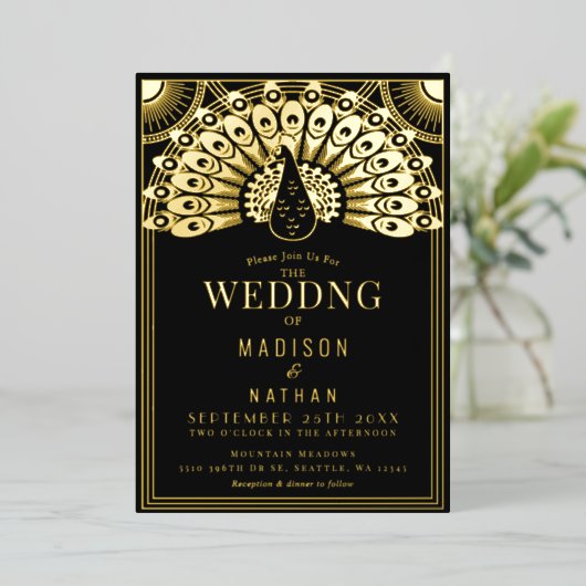 Art Deco Peacock Wedding Foil Einladung (Stehend vorne)