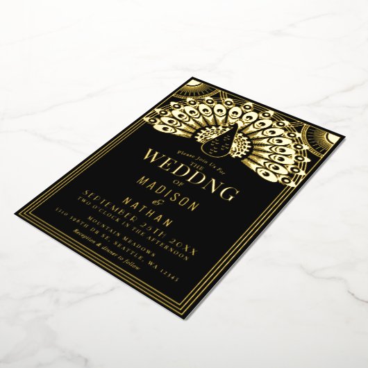 Art Deco Peacock Wedding Foil Einladung (Gedreht)