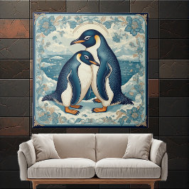 Art Deco Penguin Ice Bird Couple Snow Ocean Floral Fliese