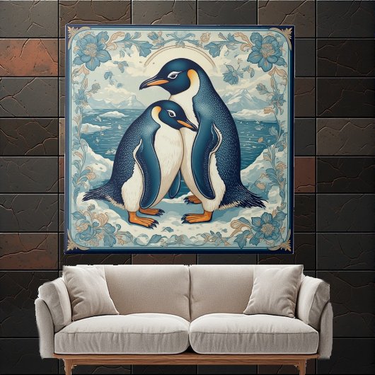 Art Deco Penguin Ice Bird Couple Snow Ocean Floral Fliese