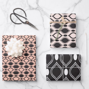 Art Deco Perlen Anthrazit und Weiß Muster Geschenkpapier Set