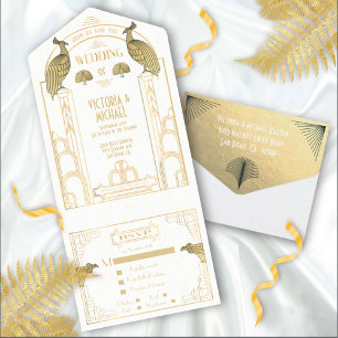 Art Deco Pfau Gold & Weiße Hochzeitseinladungen All In One Einladung