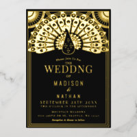 Art Deco Pfau Hochzeit Folien-Einladung