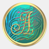 Art Deco Pfau Monogramm 3 Gold Runder Aufkleber (Vorderseite)