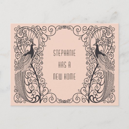 Art Deco Pfau Neue Adressenverschiebung Ankündigungspostkarte (Vorderseite)