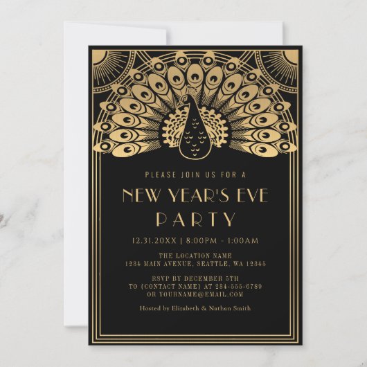 Art Deco Pfau Silvesternacht Party Einladung (Vorderseite)