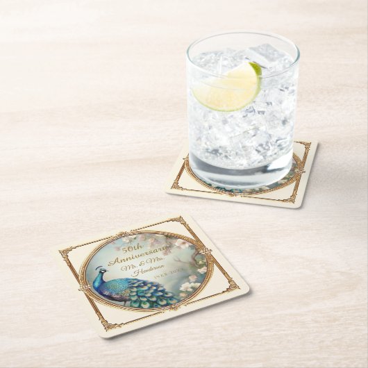 Art Deco Pfaue Blume Elegante 50 Jahre Rechteckiger Pappuntersetzer (Vor Ort)