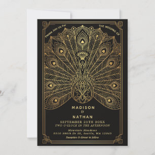 Art Deco Pfauen Hochzeitseinladung Gold Schwarz Einladung