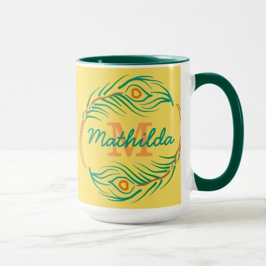 Art Deco Pfauenfeder-Monogramm-Schablone Tasse (Rechts)