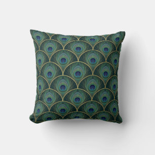 Art Deco Pfauenfeder-Muster in Türkis und Gold Kissen