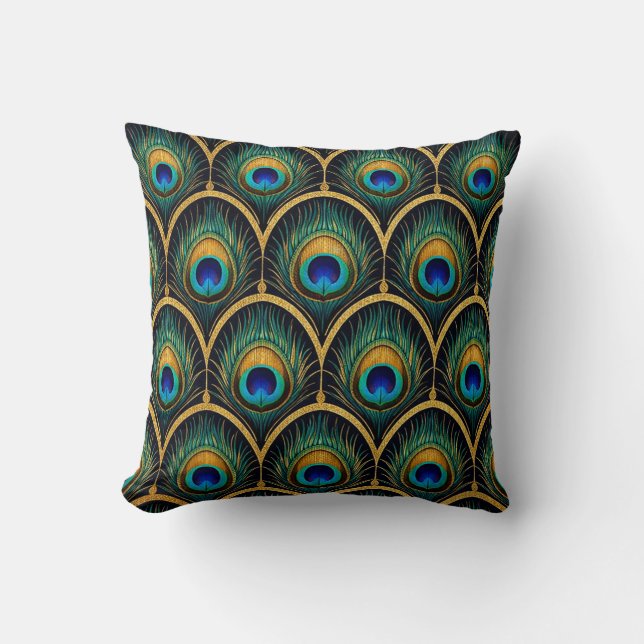 Art Deco Pfauenfeder-Muster-Wurfkissen Kissen (Vorderseite)