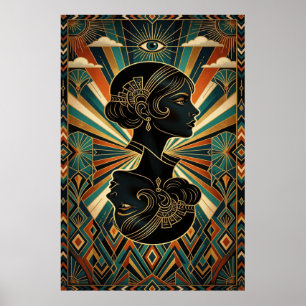 Art Deco Pfauenfeder Tänzer Gold Türkis Poster