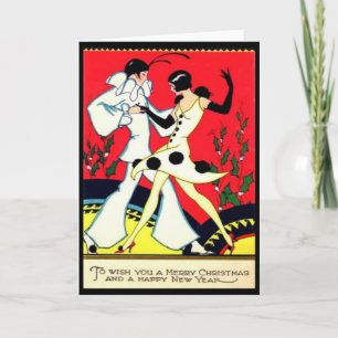 Art Deco Pierrot und Pierette Vintage Weihnachtska Feiertagskarte