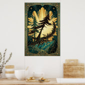 Art Deco Pine Tree Silhouette Gold Teal Cliff Post Poster (Küche)