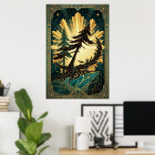 Art Deco Pine Tree Silhouette Gold Teal Cliff Post Poster (Heimbüro)