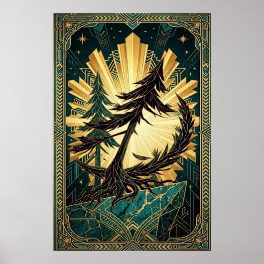 Art Deco Pine Tree Silhouette Gold Teal Cliff Post Poster (Vorne)