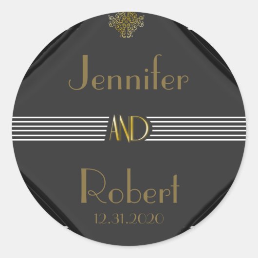 Art Deco Posh Wedding Runder Aufkleber (Vorderseite)
