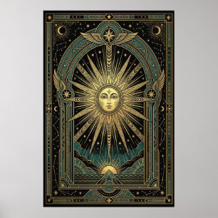 Art Deco Poster mit himmlischem Sonnengesicht   Go
