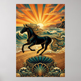 Art Deco Poster Schwarzes Rennpferd Strandwellen S