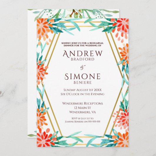 Art Deco Probe Abendessen mit Aquarell Einladung (Vorne/Hinten)