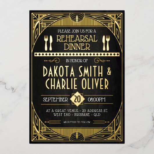 Art Deco Probe Dinner FoxTown Factory Stores Folieneinladung (Vorderseite)