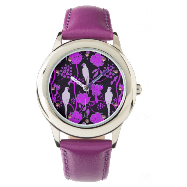 ART DECO PURPLE BLUMEN, WEISSE PARROTEN AUF SCHWAR ARMBANDUHR (Vorderseite)