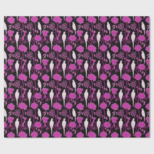 ART DECO PURPLE BLUMEN, WEISSE PARROTEN AUF SCHWAR GESCHENKPAPIER (Flach)