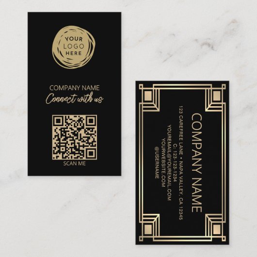 Art Deco QR Code Business Logo Visitenkarte (Vorne/Hinten)