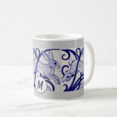 Art Deco Rabbit Hare Blue White Gray Monogram Kaffeetasse (VorderseiteRechts)