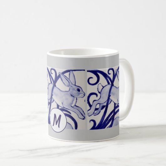 Art Deco Rabbit Hare Blue White Gray Monogram Kaffeetasse (VorderseiteRechts)