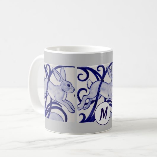 Art Deco Rabbit Hare Blue White Gray Monogram Kaffeetasse (Vorderseite Links)