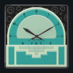 Art Deco Radiola (3 Grüntöne und ein Schwarz) Quadratische Wanduhr<br><div class="desc">Das originale Digitalbild auf dieser coolen Uhr wurde durch ein Art-Déco-Radio-Design der 30er Jahre inspiriert. Mit verschiedenen Schattierungstechniken, um ein 3-D-Bakelite-Uhr-Set gegen eine schwarze Tapete mit wirbelndem weißen Kreismuster vorzuschlagen, ist diese Wanduhr sicher, Kommentare und Lob für Ihren guten Geschmack zu sammeln!</div>