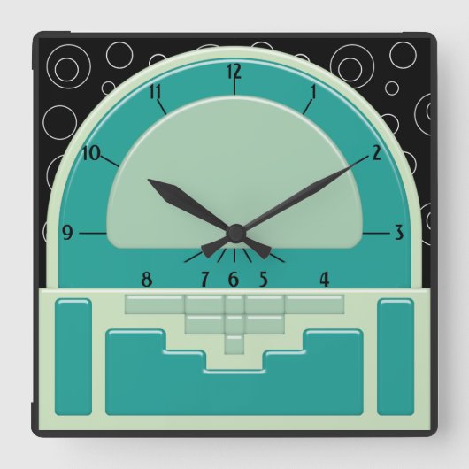 Art Deco Radiola (3 Grüntöne und ein Schwarz) Quadratische Wanduhr (Vorderseite)