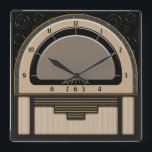 Art Deco Radiola (Latte, Griechenland, Schwarz, Go Quadratische Wanduhr<br><div class="desc">Das originale Digitalbild auf dieser coolen Uhr wurde sowohl durch ein Art Deco Radio-Design der 30er Jahre als auch durch die beliebte Glasuhr Franklin Golden Hour inspiriert. Mit verschiedenen Schattierungstechniken, um eine 3-D Bakelituhr vorzuschlagen, mit einem vergoldeten äußeren Glasrand und dann Set gegen ein schwarzes Tapete mit einem wirbelndem, dünnem...</div>